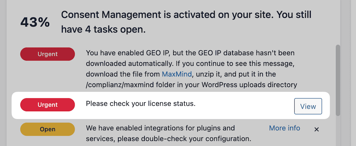The Complianz license status entry within the Progress table.