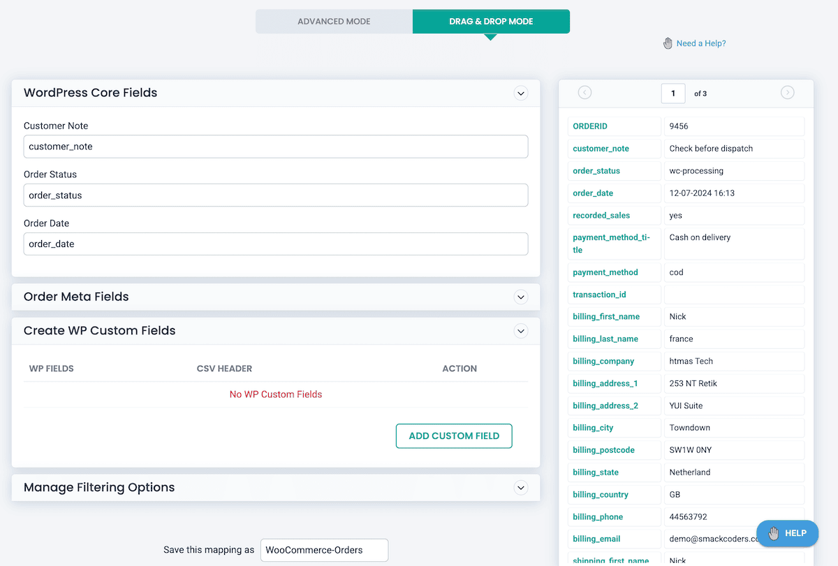 Mapping fields using drag and drop within WP Ultimate CSV Importer Pro.