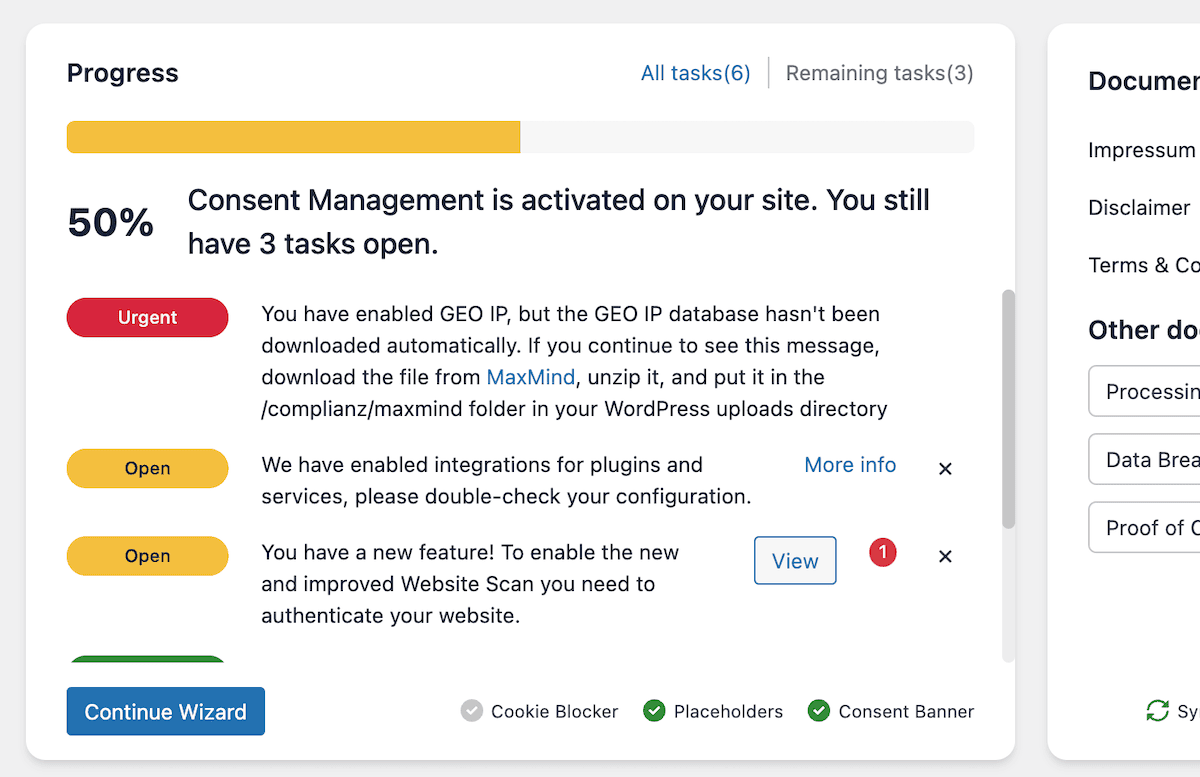 The Progress card on the WordPress Complianz dashboard.