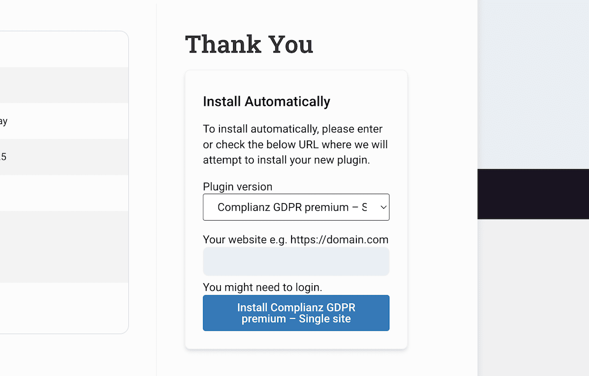 An option to install Complianz from the checkout screen.