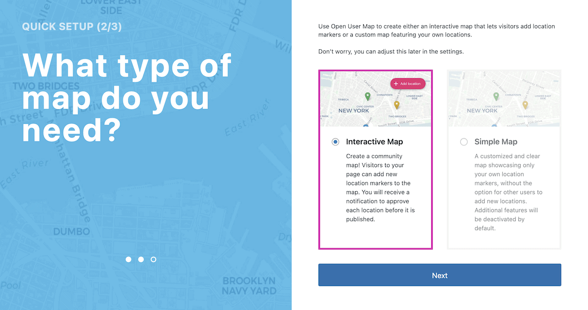 The Quick Setup wizard for Open User Map.