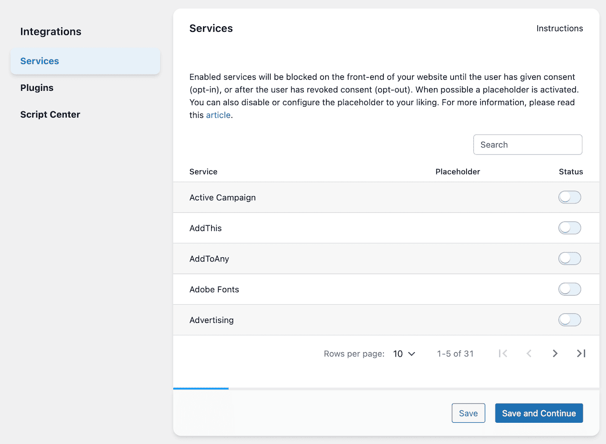 The Complianz Services screen.