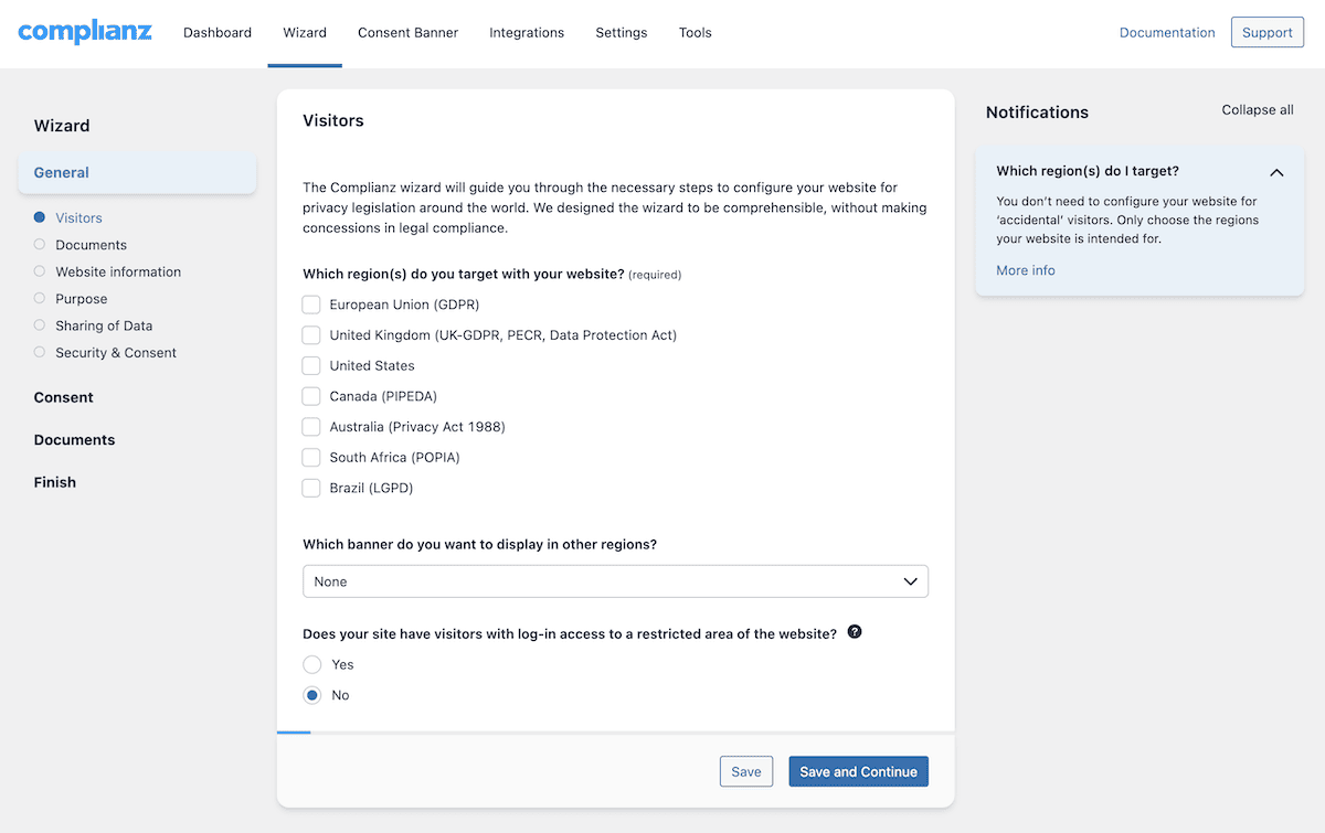 The Complianz setup wizard.