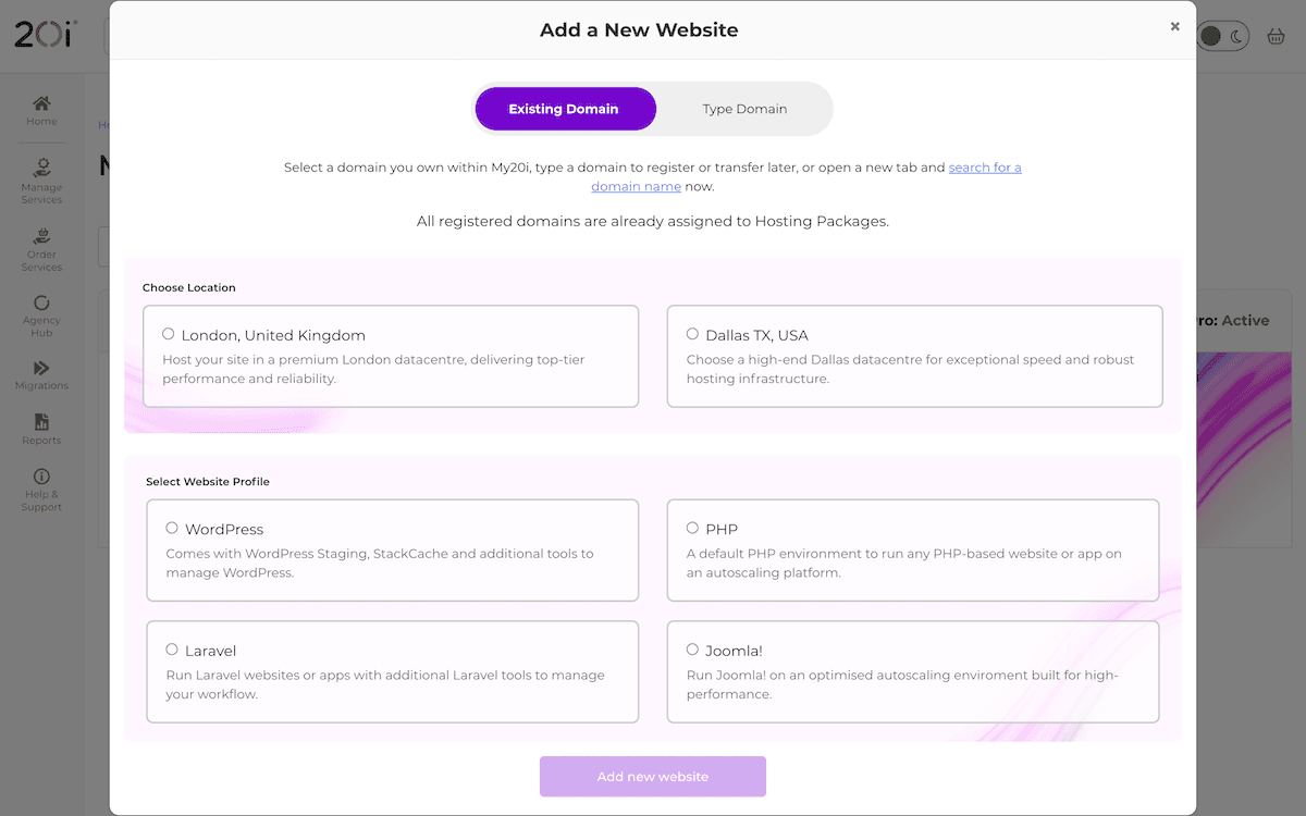 Adding a new site into Autoscale by 20i.