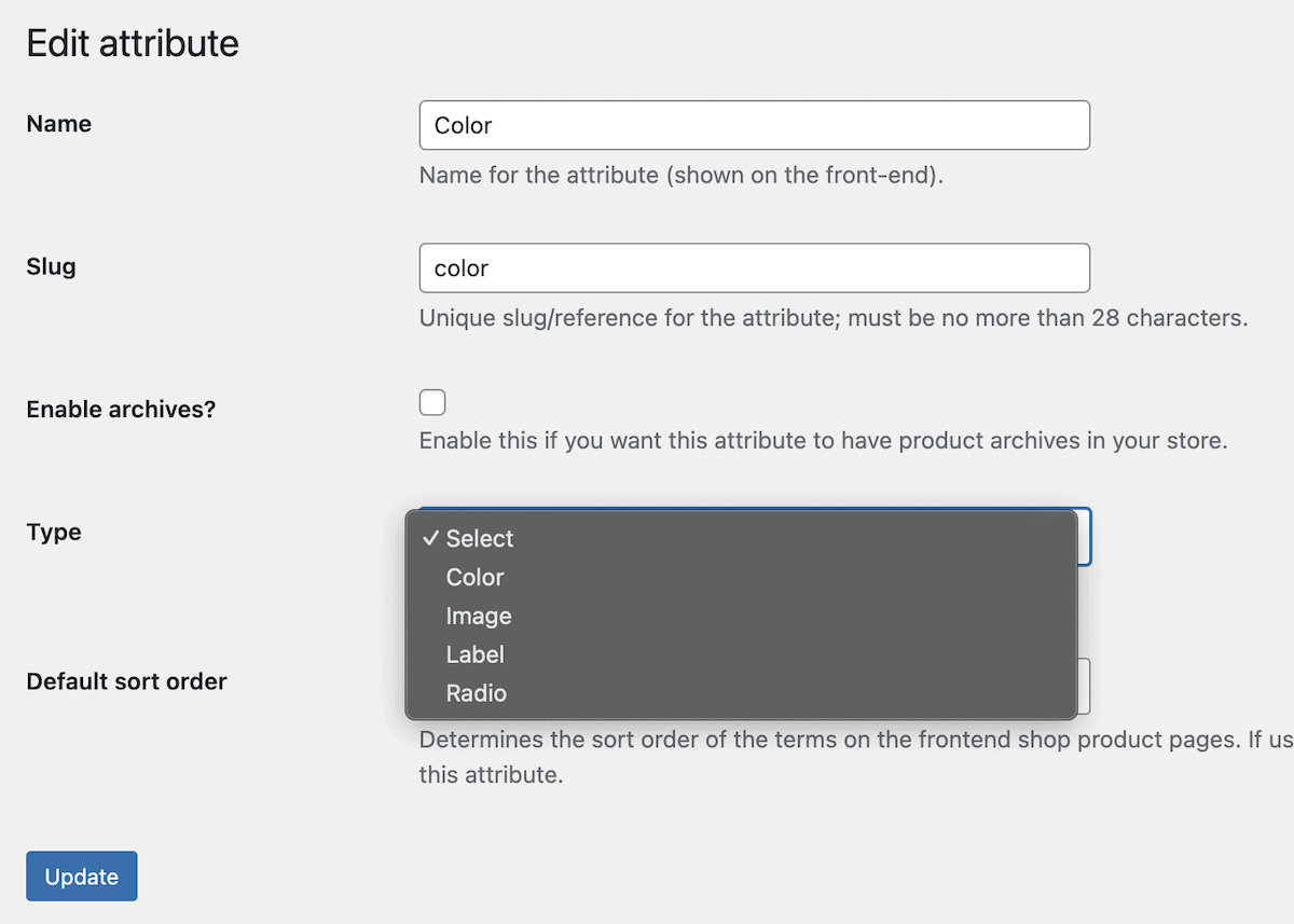An attribute edit screen for Simple Variation Swatches for WooCommerce.