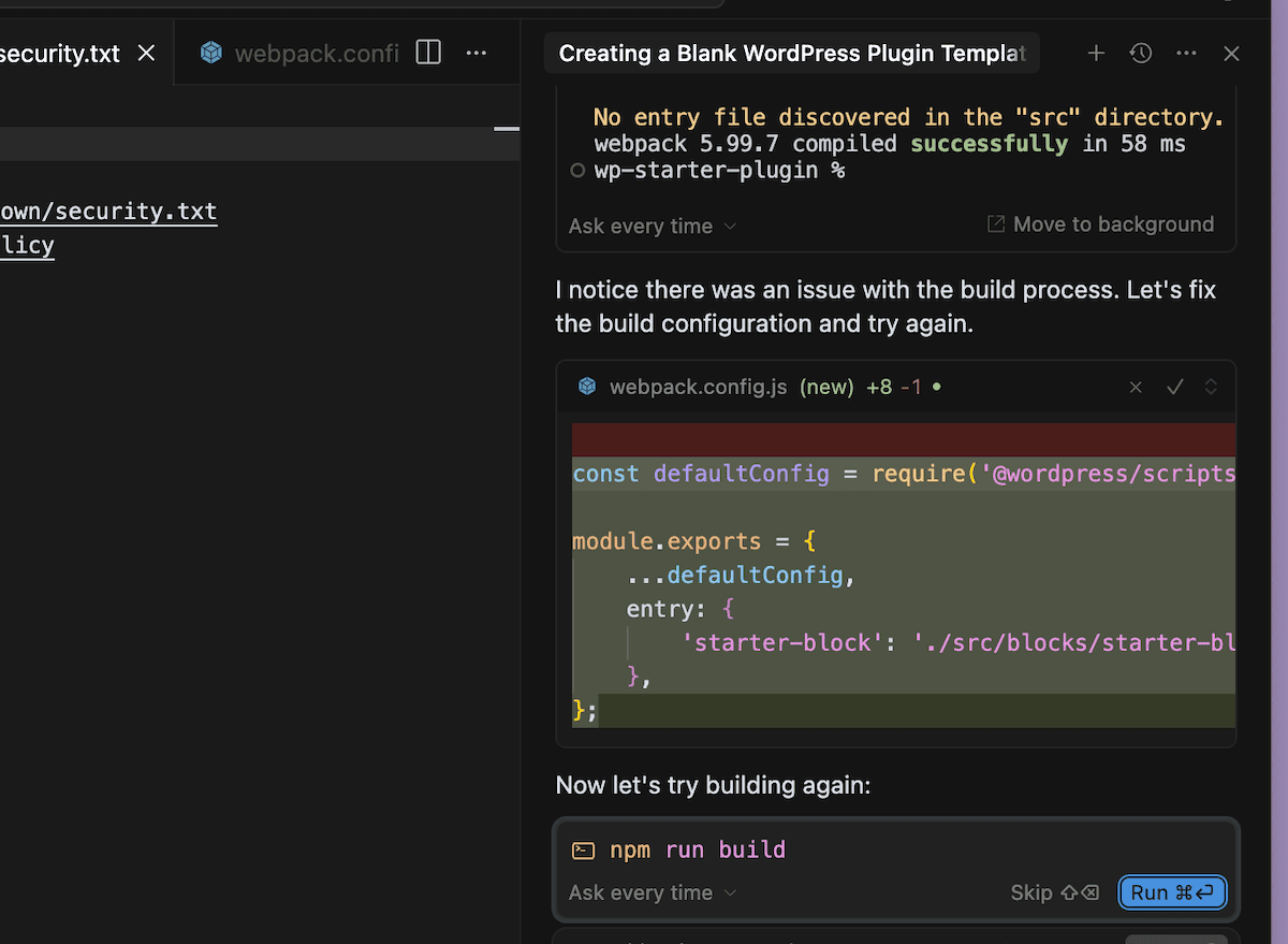 A build error within the Cursor chat window.