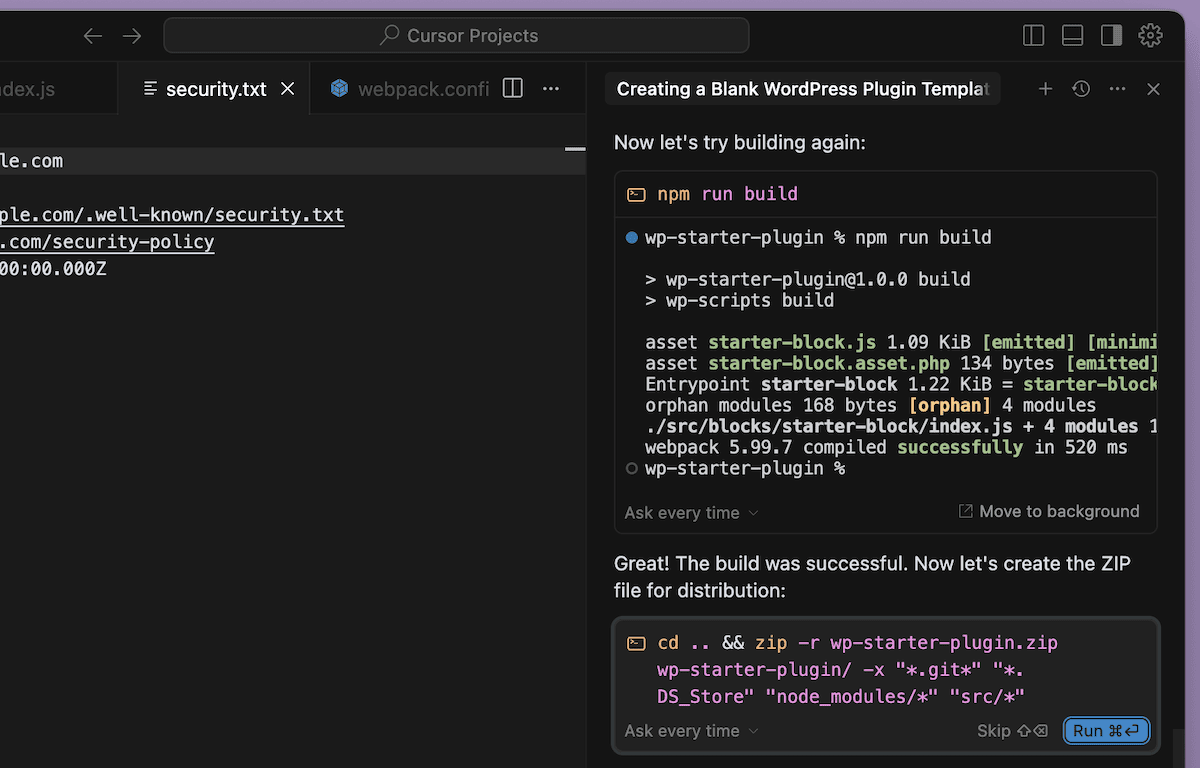 A chat window within Cursor that shows a build fix and success message.