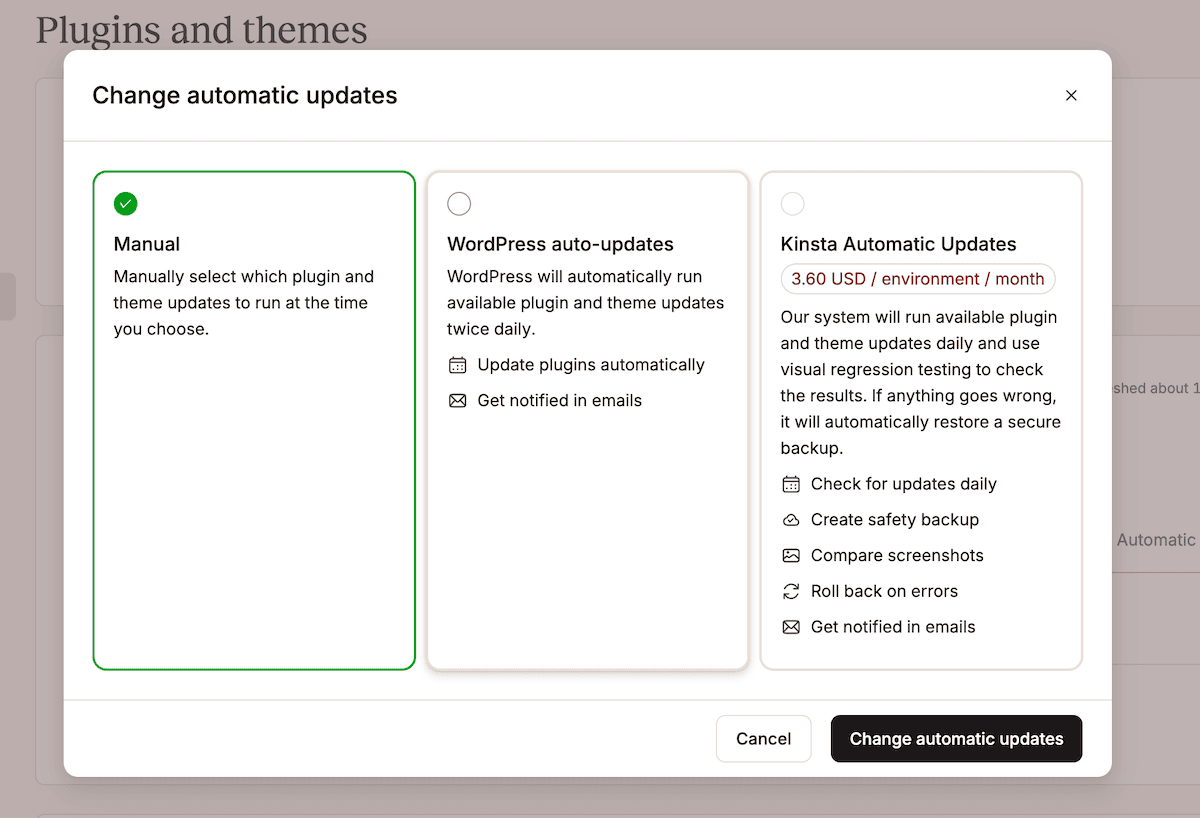The Kinsta Automatic Updates modal dialog box showing three available options.