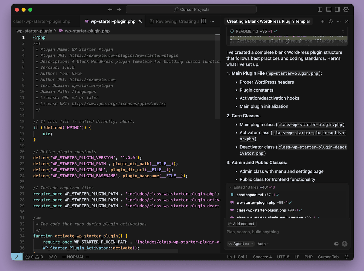 The Cursor app showing boilerplate WordPress code.