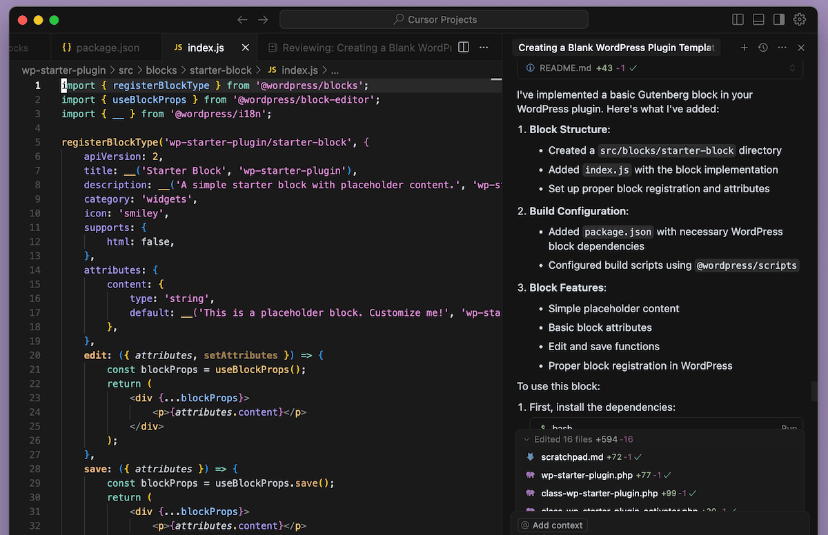 Prompting Cursor to build a WordPress Block.