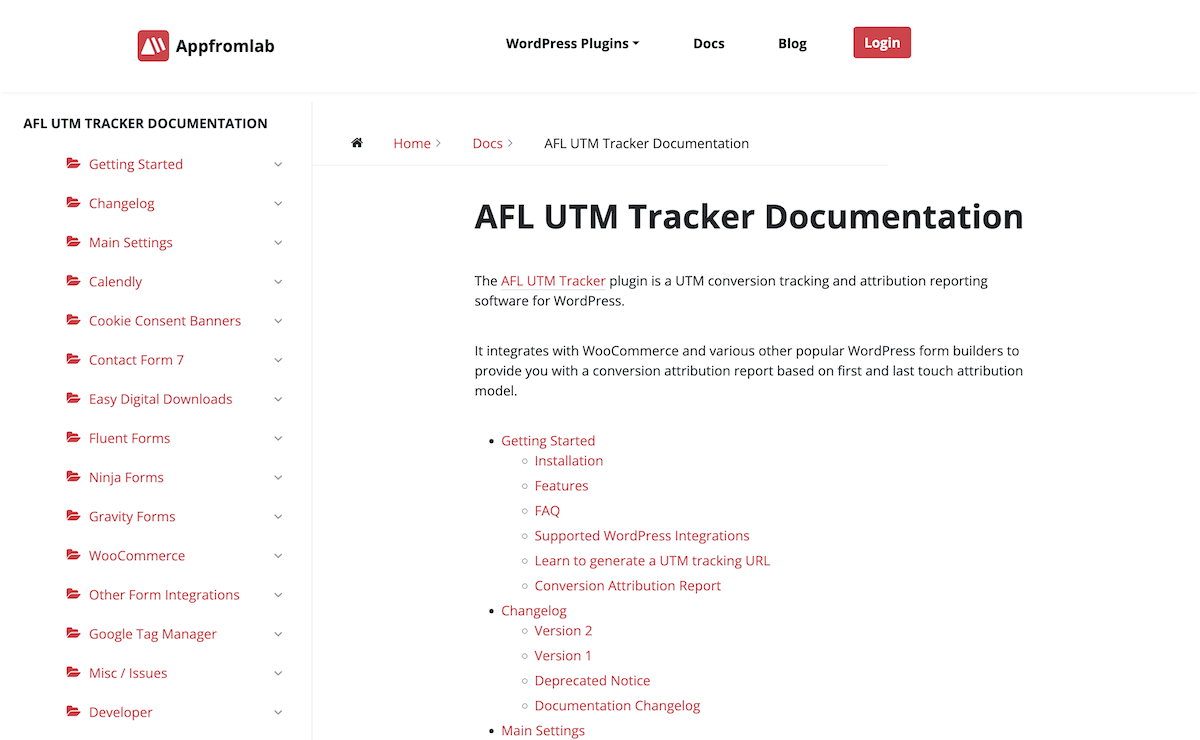 The table of contents for the AFL UTM Tracker documentation.