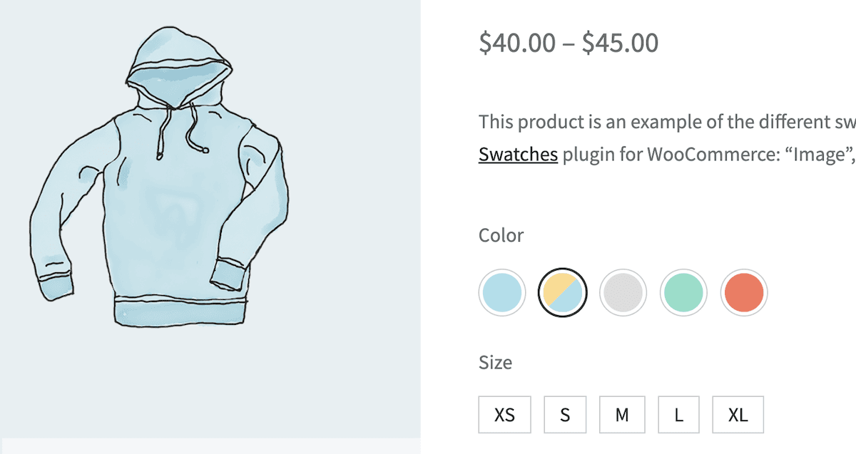 Dual color swatches on the WooCommerce front end.