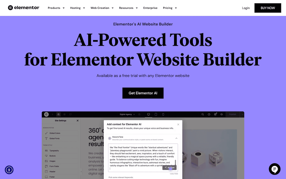 The Elementor AI home page.