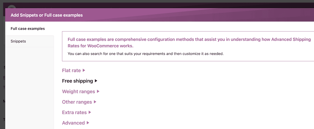 Choosing a full case example in the Advance Shipping Rates plugin.