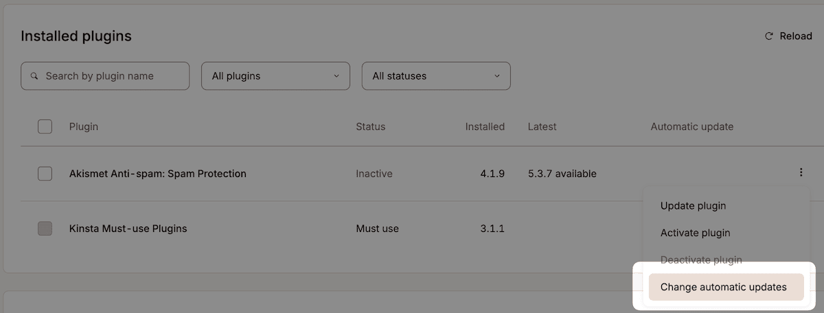 The kebab menu for a plugin within the MyKinsta dashboard.