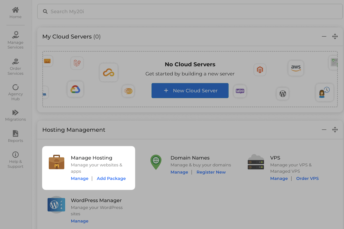 The Manage Hosting option on the 20i dashboard.