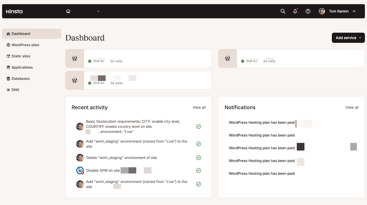 The MyKinsta dashboard.