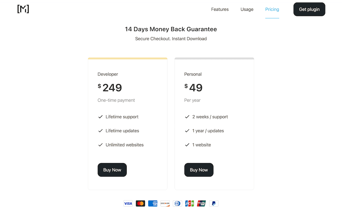 The pricing page for Simple Variation Swatches for WooCommerce.