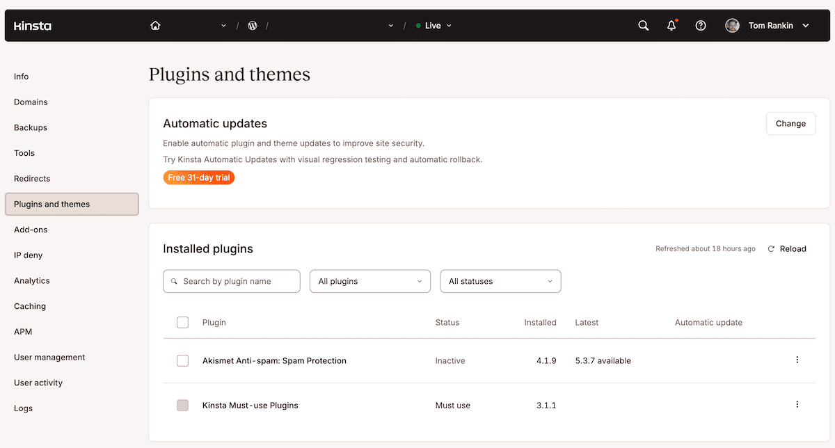 The Plugins and themes tab for a site within the MyKinsta dashboard.