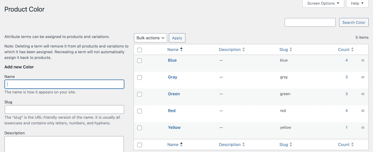 The attributes screen for a new set of swatches in Simple Variation Swatches for WooCommerce.