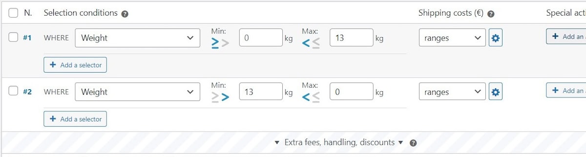 Working with range shipping rules using weight as the selection condition.