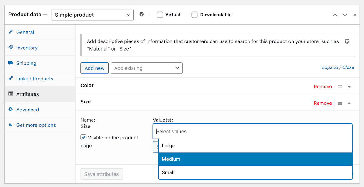Setting attributes for a product within WooCommerce.