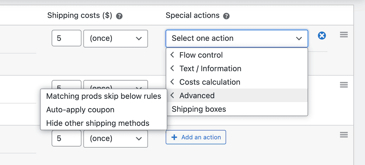 Special actions within the Advanced Shipping Rates for WooCommerce plugin.