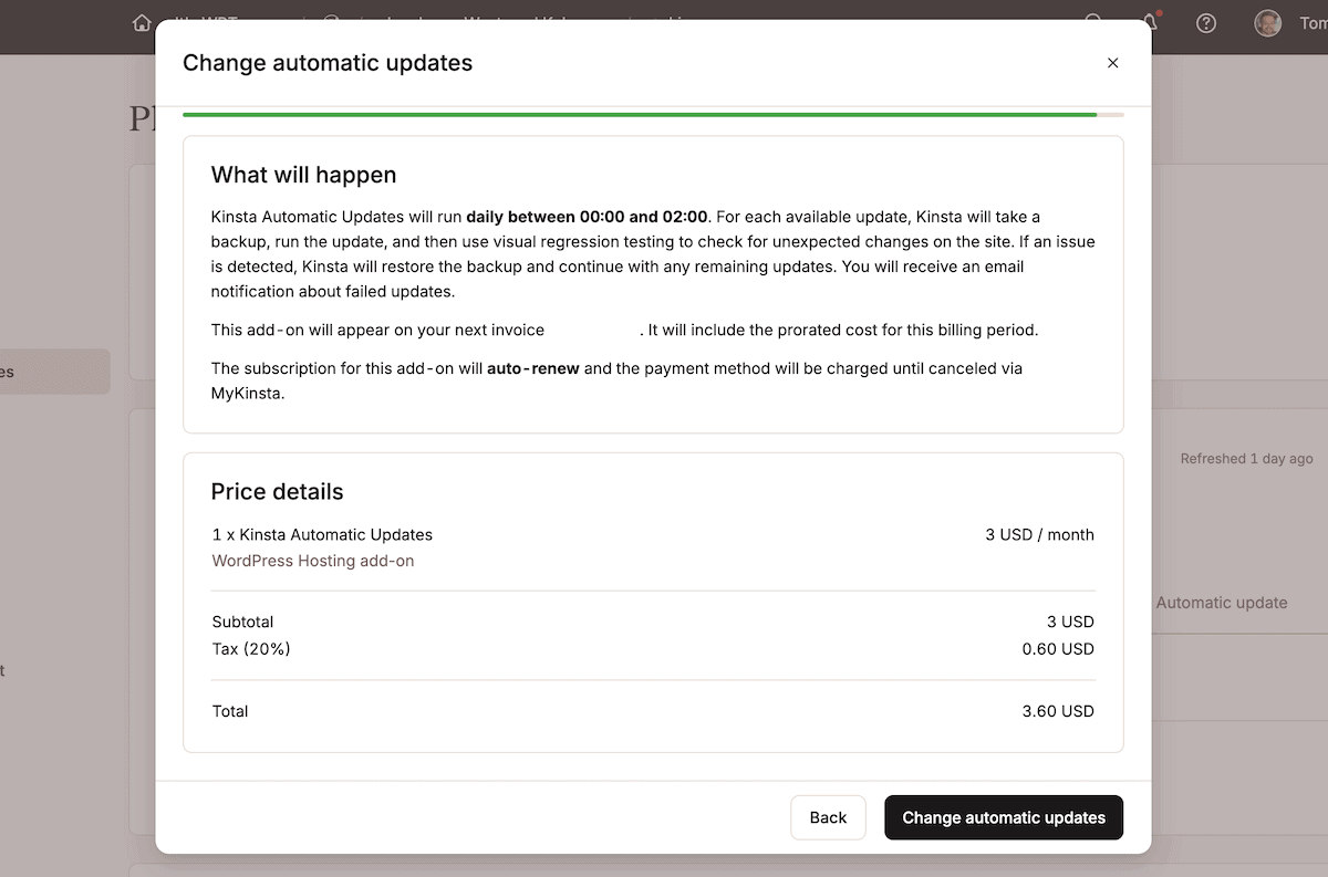 The Kinsta Automatic Updates summary screen.