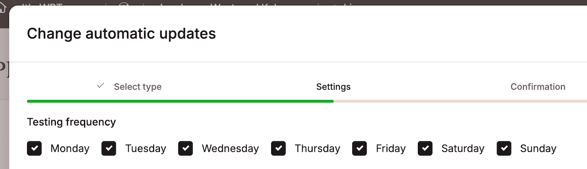 The Testing Frequency checkboxes in the Change automatic updates dialog.