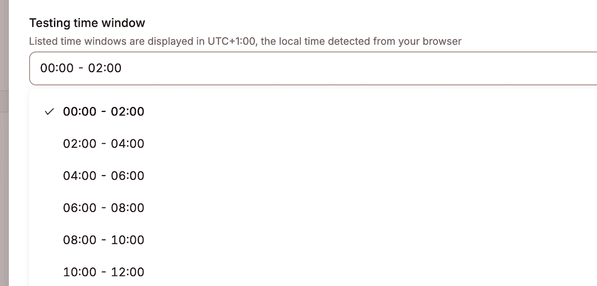 The Testing Time Window drop-down menu.