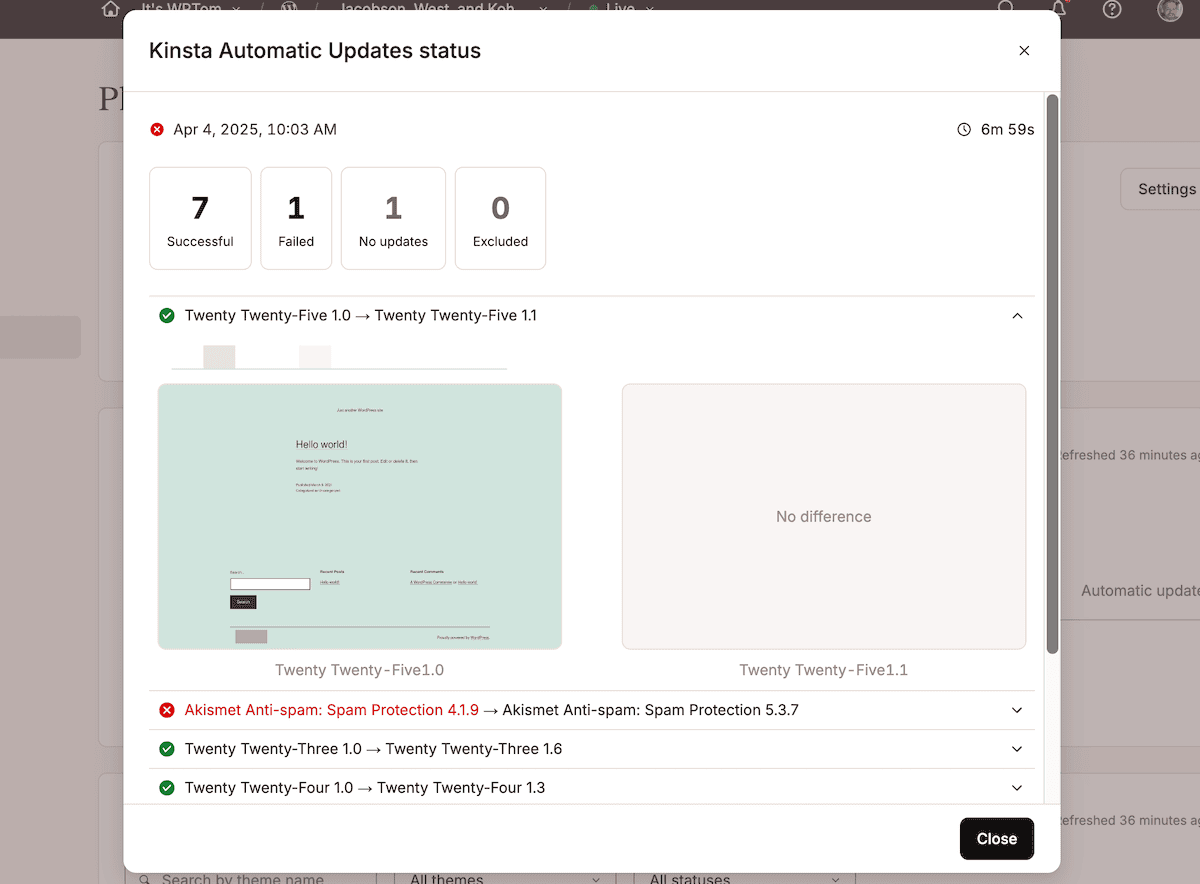 An update status modal dialog screen within MyKinsta showing screenshots of a visual regression test.