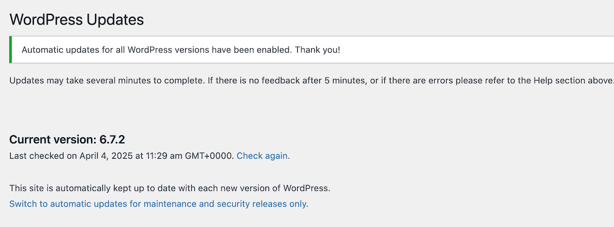 The WordPress dashboard showing a notification that it has carried out automatic updates.
