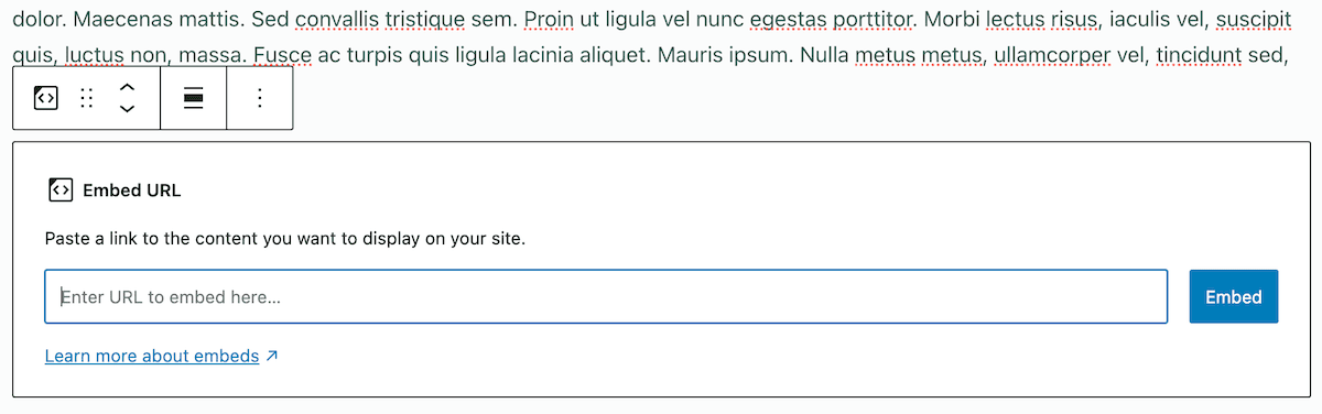 The Block Editor showing a WordPress Embed Block.