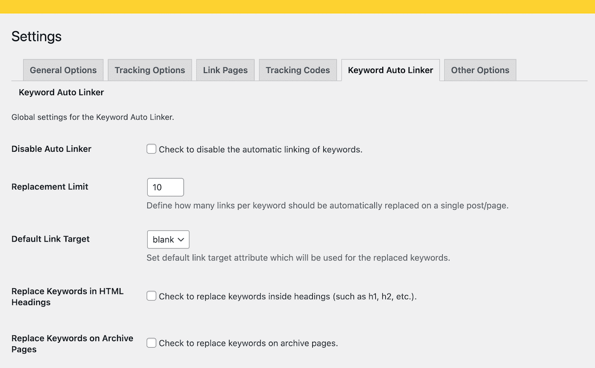 The Keyword Auto Linker settings page within WordPress.