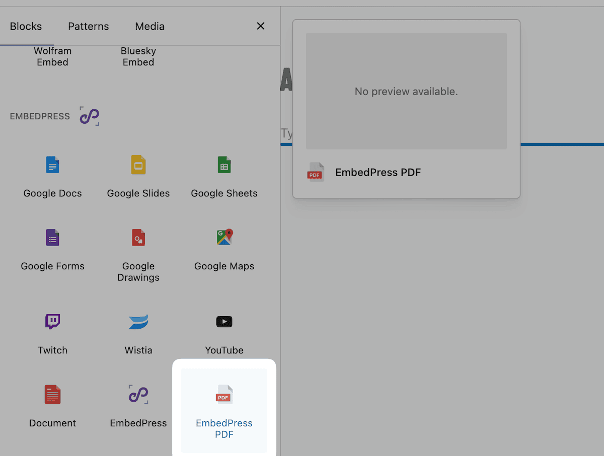 Choosing the EmbedPress PDF Block from within the Block Editor.
