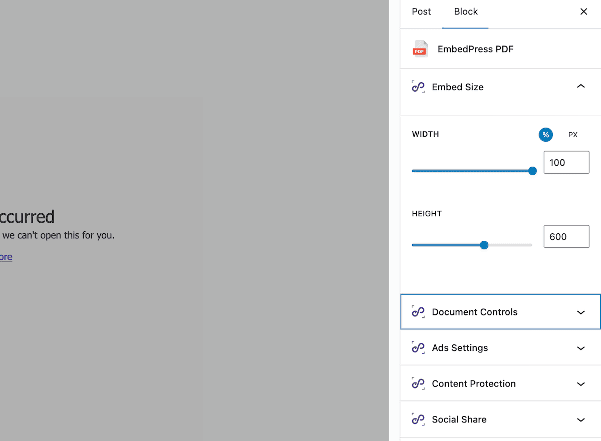 The EmbedPress Block Settings sidebar within the Block Editor.