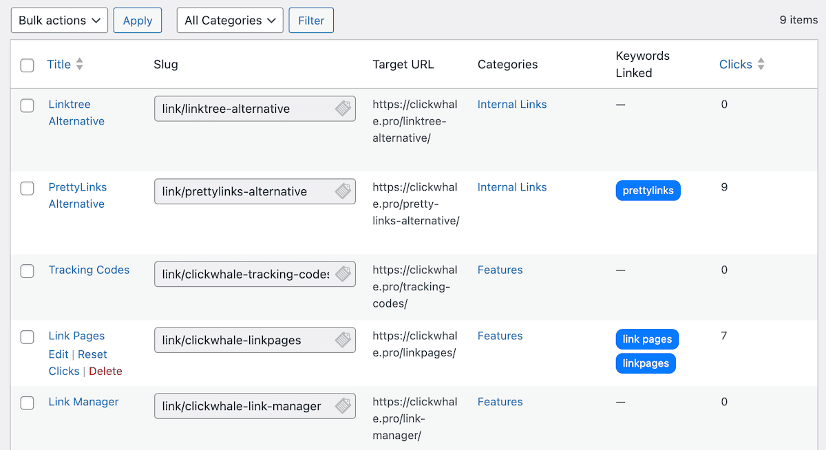 The ClickWhale Links screen within WordPress.