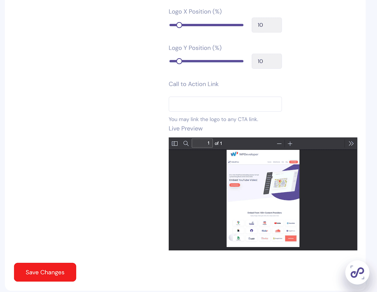 The company logo upload option within EmbedPress.