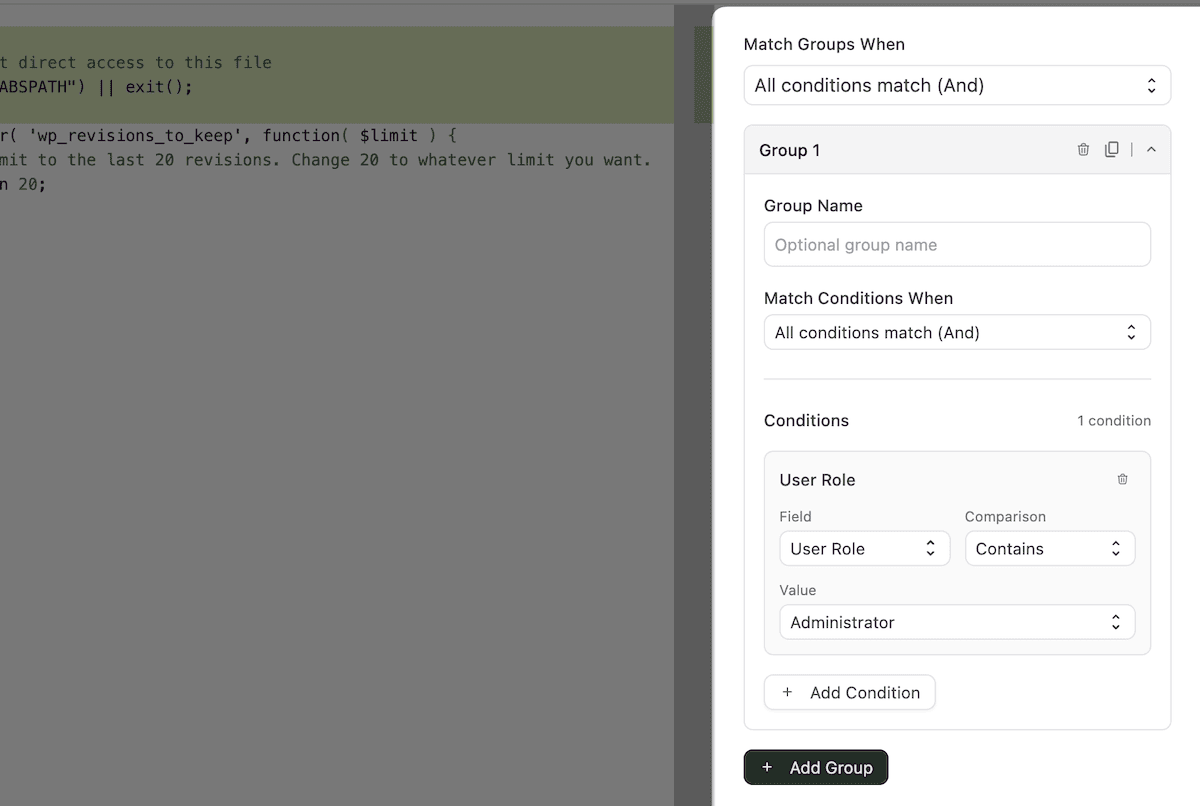 The SnipVault conditions builder.