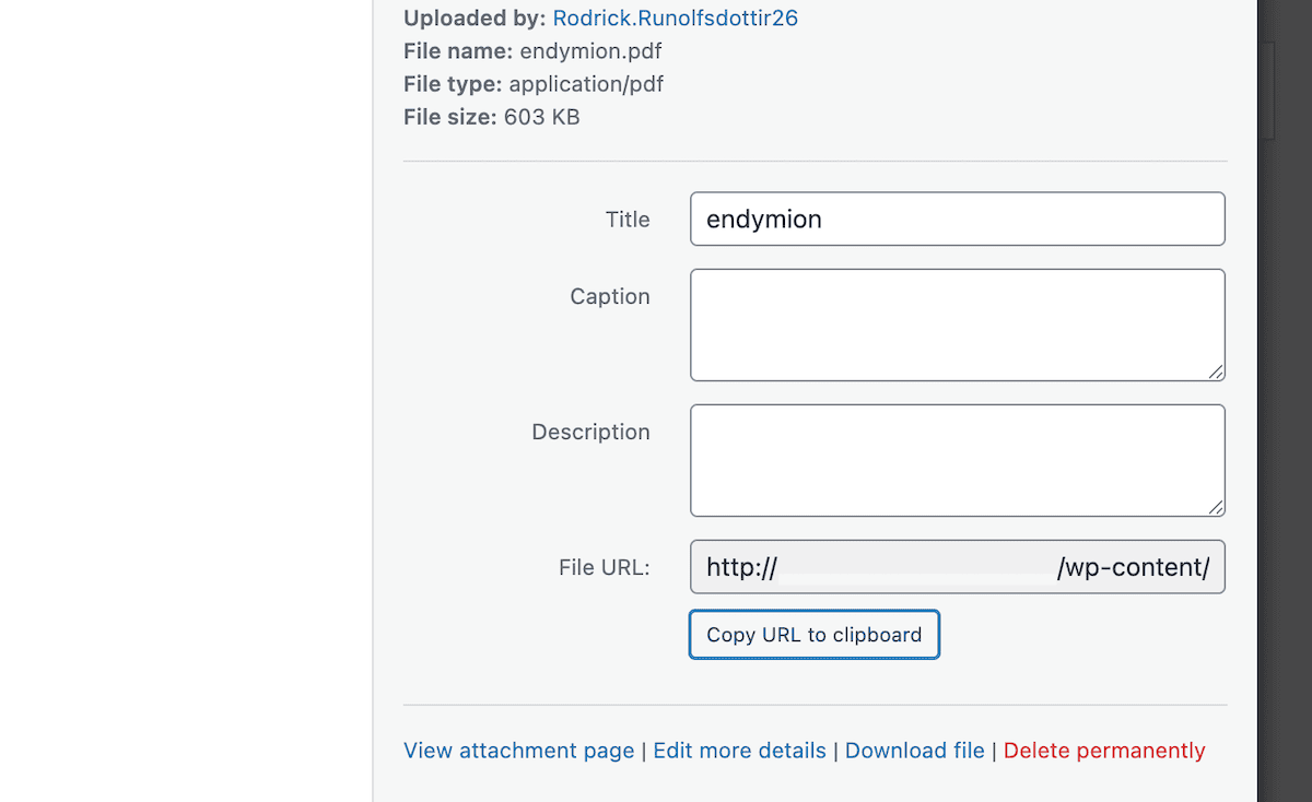 Copying the URL of a PDF from the WordPress Media Library.