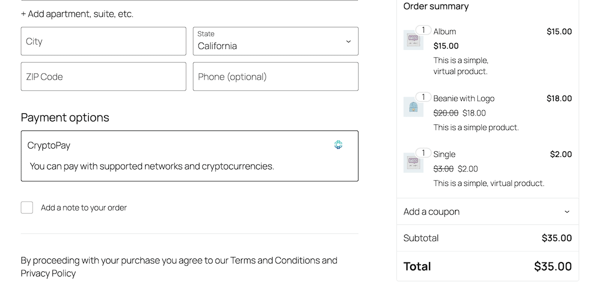 The CryptoPay option at the WooCommerce checkout.