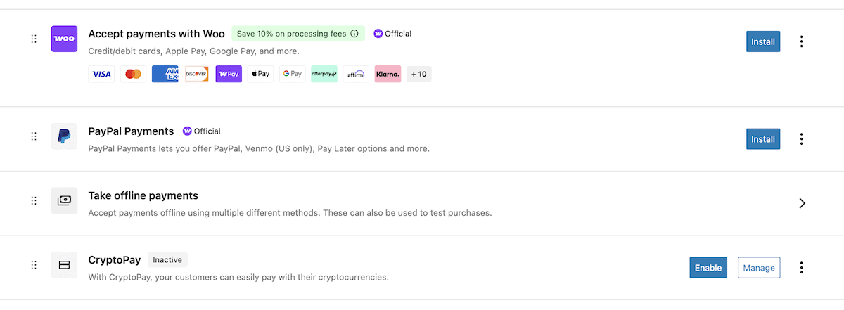Choosing CryptoPay from WooCommerce's settings.