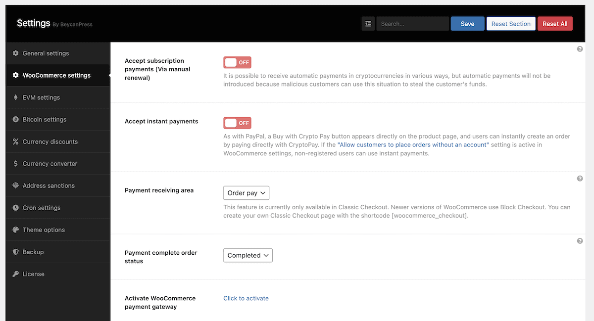 The CryptoPay settings page.
