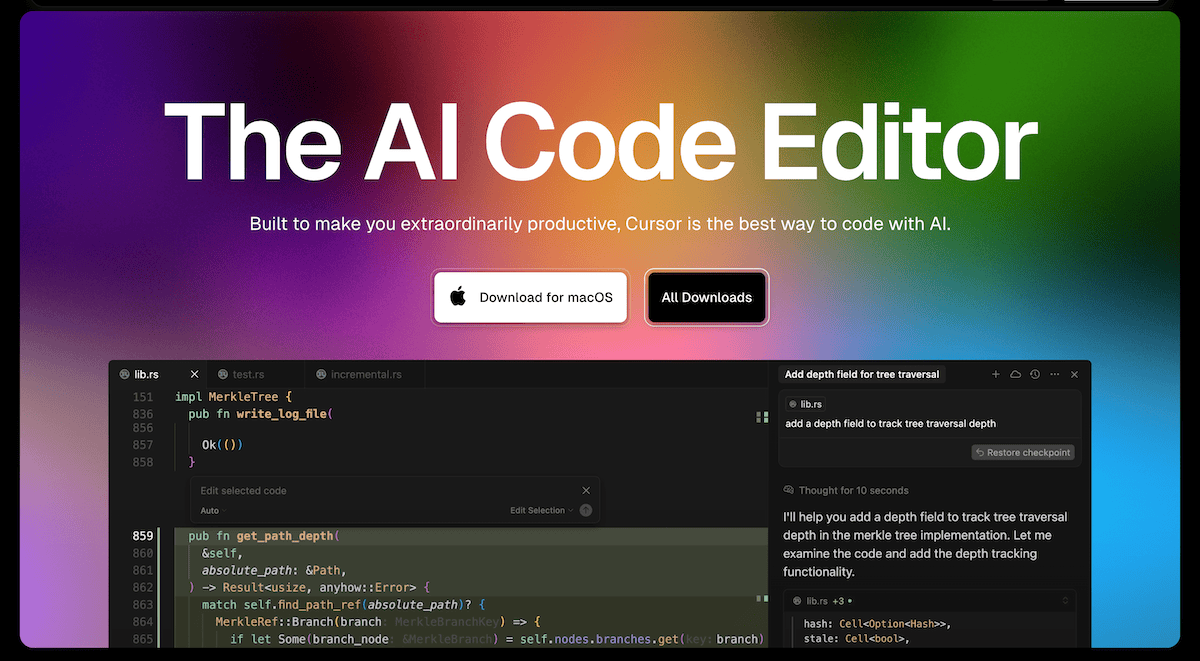 The Cursor AI home page.