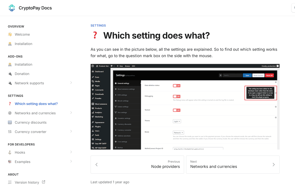 A CryptoPay documentation page for understanding settings.