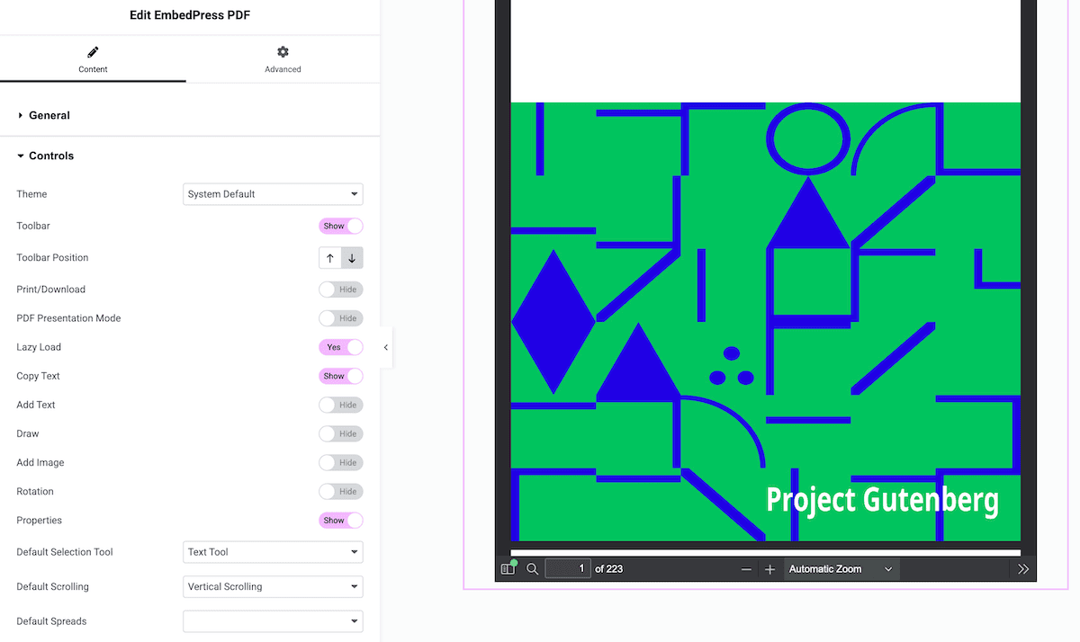 The Controls tab for EmbedPress within Elementor.