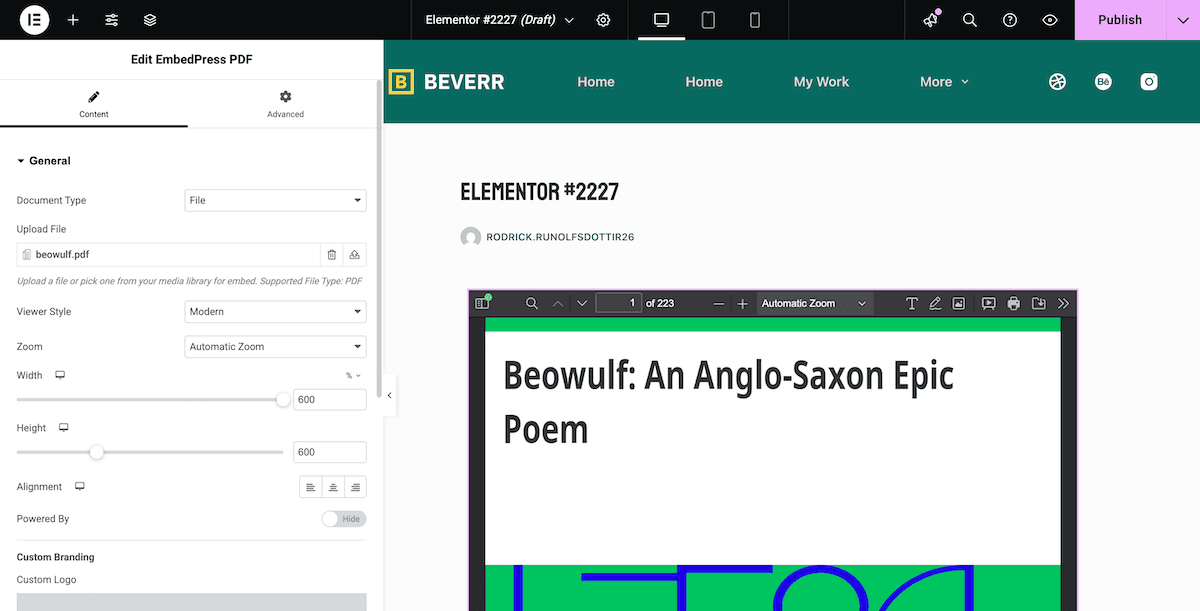 Elementor displaying a PDF on a webpage.
