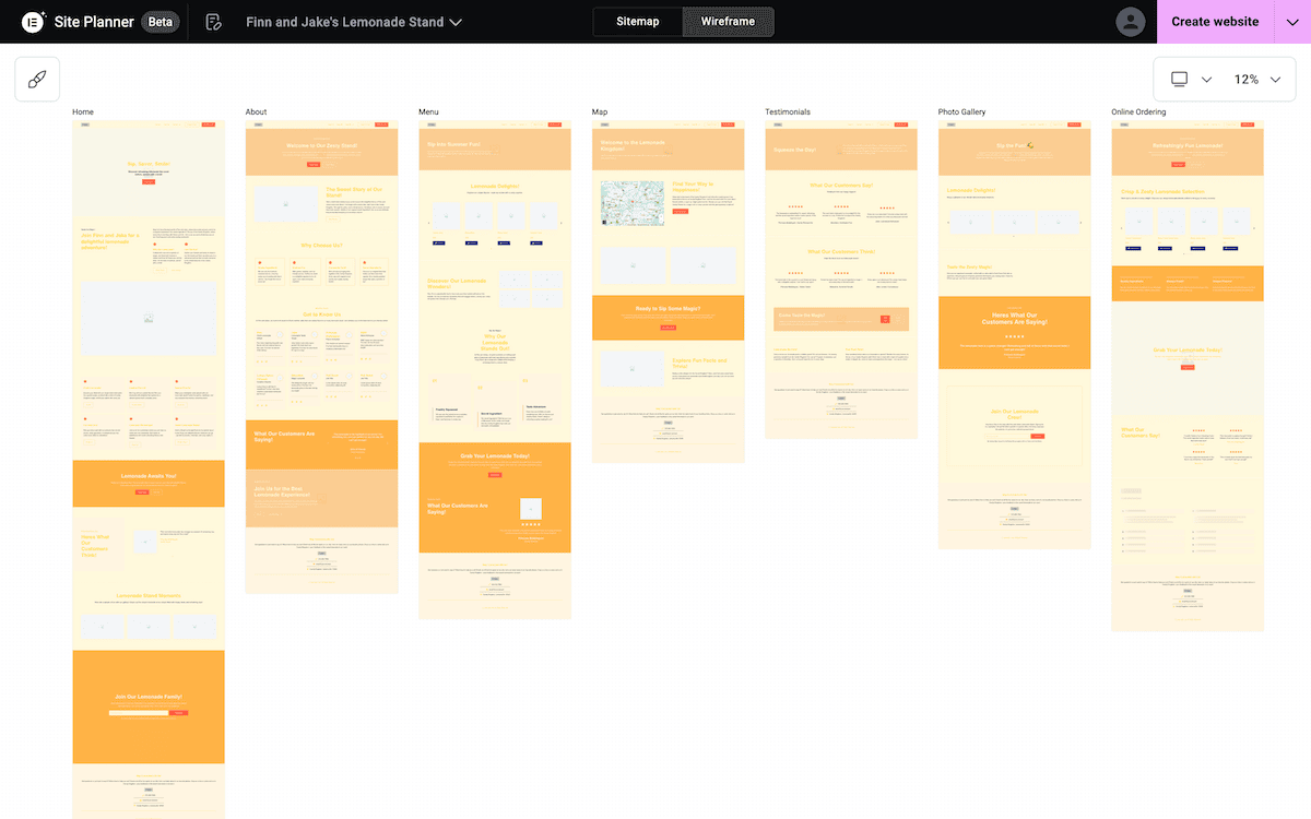 Wireframe designs for an Elementor AI website.