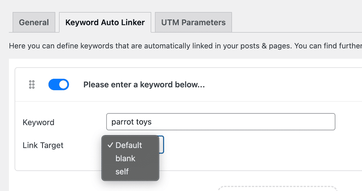 Entering a keyword into the Auto Linker fields.