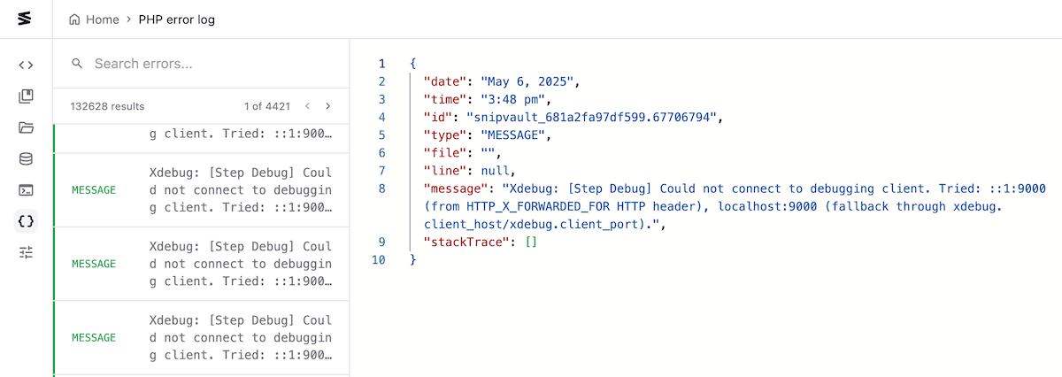 The SnipVault error log viewer.